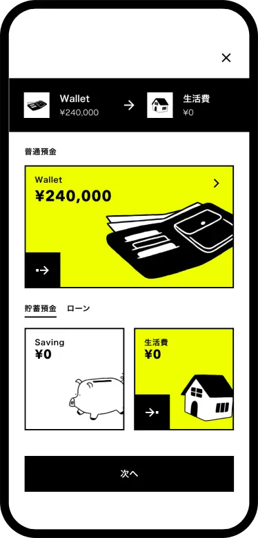 普通預金(Wallet)から「生活費」Boxへの移動する画面