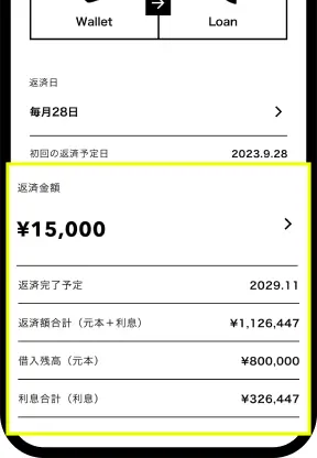 返済完了予定月や返済額を確認する画面